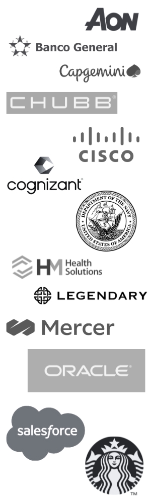 Graphic including logos from companies who have partnered with the C-Digital-O program, including: Aon, Banco General, Capgemeni, Chubb, Cisco, Cognizant, U.S. Department of the Navy, HM Health Solutions, Legendary, Mercer, Oracle, Salesforce, and Starbucks