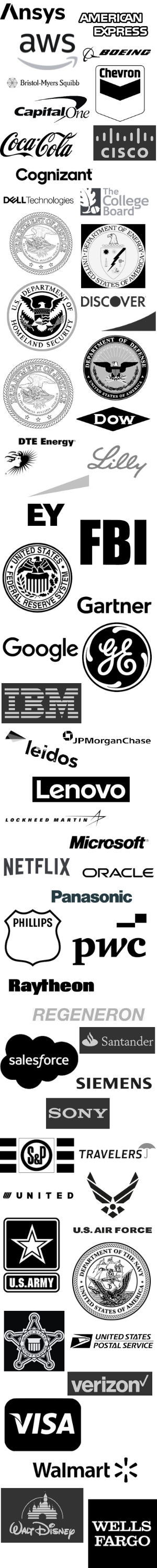 Graphic with the logos of companies who have been recent partners of the CISO program, including: Ansys, American Express, AWS, Boeing, Bristol-Myers Squibb, Chevron, CapitalOne, Coca Cola, CISCO, Cognizant, DellTechnologies, The College Board, the U.S. Department of Justice, the U.S. Department of Energy, U.S. Department of Homeland Security, U.S. Department of Defense, Dow, Lilly, DTE Energy,EY, the FBI, the U.S. Federal Reserve System, Garter, Google, GE, IBM, and many more.