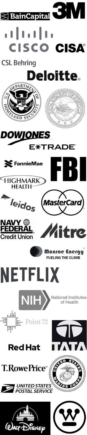 Graphic that displays a list of company logos from recent participants, including Bain Capital, 3M, CISCO, CISA CSL Behring, Deloitte, U.S. Department of Homeland Security, U.S. Department of Justice, DowJones, E*Trade, FannieMae, FBI, Highmark Health, Leidos, MasterCard, and more.