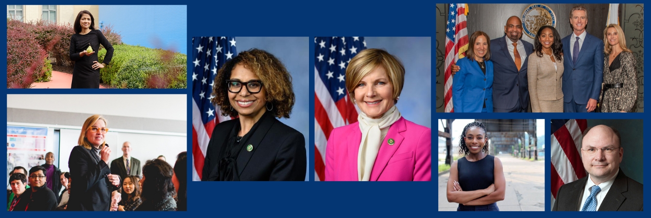 Collage of images of Heinz College alumni who serve as elected officials in national, state, and local government or are serving the community through non-profit and government service work.