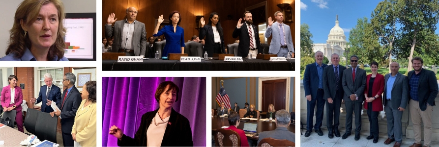 Photo collage featuring Dean Krishnan and Senator Bob Casey, faculty meeting with members of the New Democrat Coalition, Rayid Ghani and other panelists being sworn in for Senate testimony, and Dean Krishnan and other policy school deans meeting with President Bill Clinton